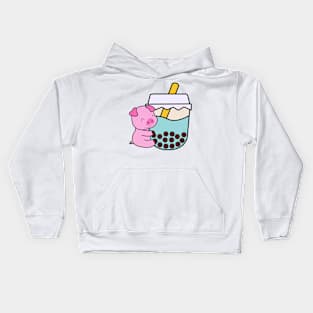 Kawaii Cute Happy Baby Pig Hugs Sweet Bubble Tea Blue Boba Tea Kids Hoodie